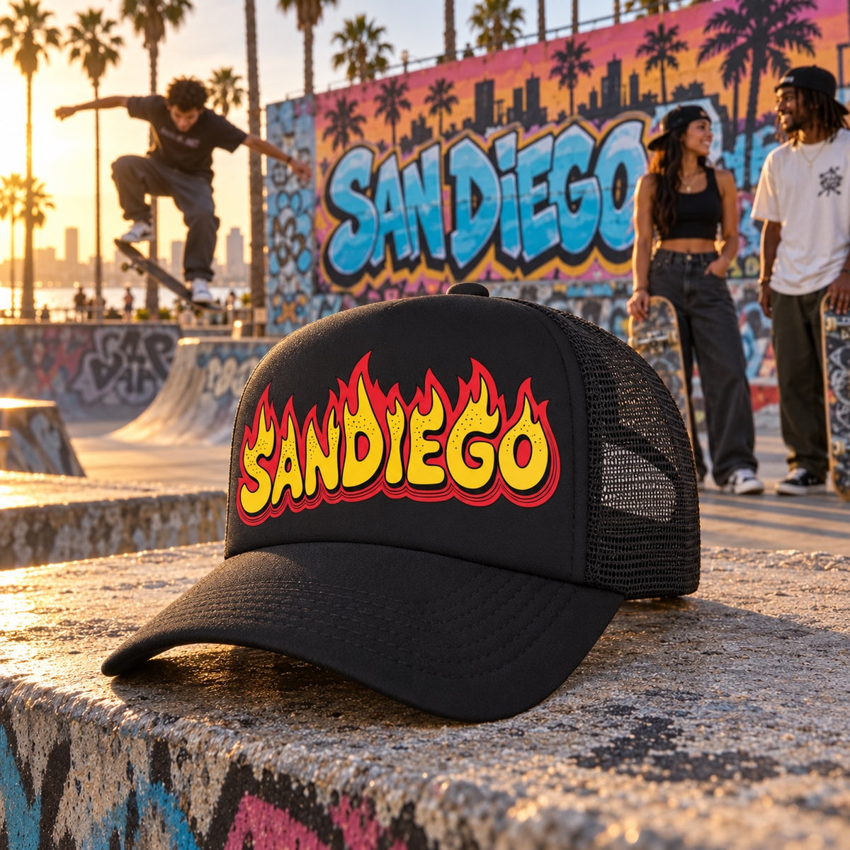 San Diego Flame Trucker Hat – Black